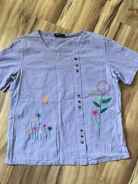 Vintage Style Boho E-Retro Tunic | Purple Embroidered Flower Top- Lagenlook